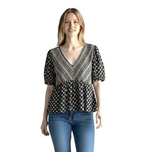 Lucky Brand Printed Women's L Puff Sleeve 100% Cotton Knit Boho Cottagecore
